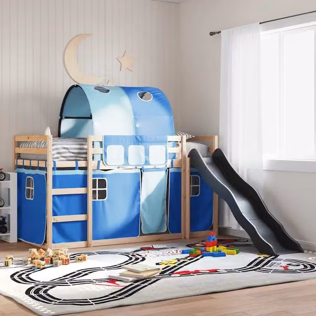 Letto a castello per bambini vidaXL in legno di pino con scivolo e tende blu e antracite L/P/H: 200 x 80 x 113 cm – 1