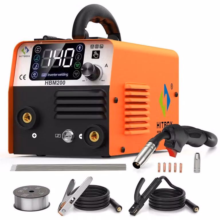 Saldatrice MIG 3-in-1 - HBM200: saldatrice multifunzione MMA/TIG - Controllo sinergico - Filo di saldatura senza gas, 0,8–1,0 mm - 120A - 220–240V, spina EU