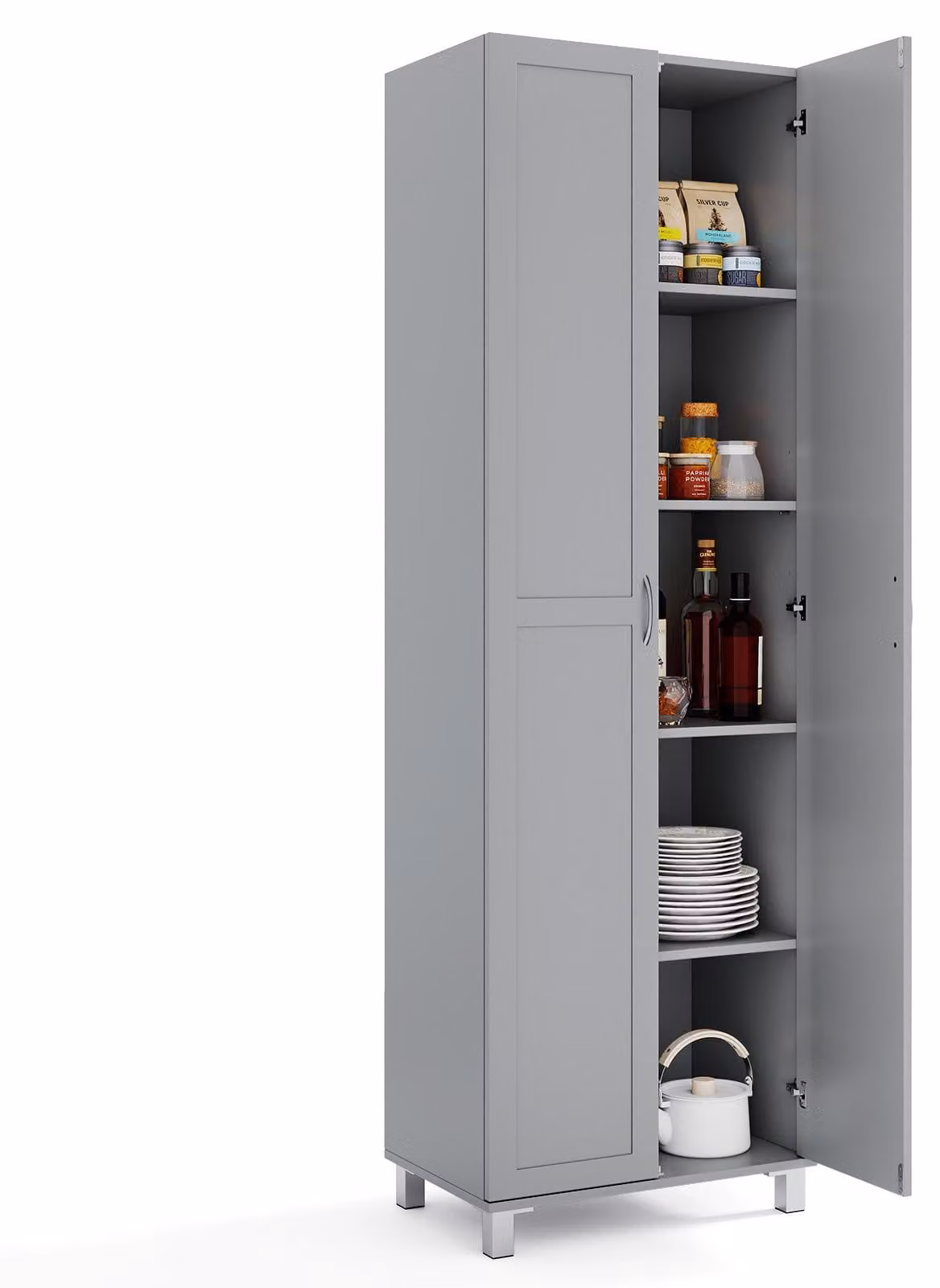 COSTWAY Armadio da cucina alto, 187 cm, dispensa con 2 ante e ripiano regolabile, armadio multiuso moderno, armadio alto, credenza, grigio