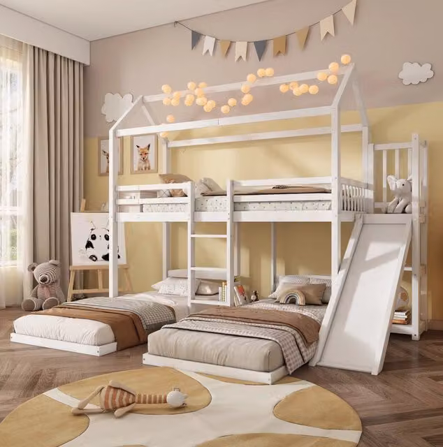 Letto a castello ULEVR 90x200 cm con 3 posti letto, scivolo, scala a 3 gradini e vano contenitore, bianco