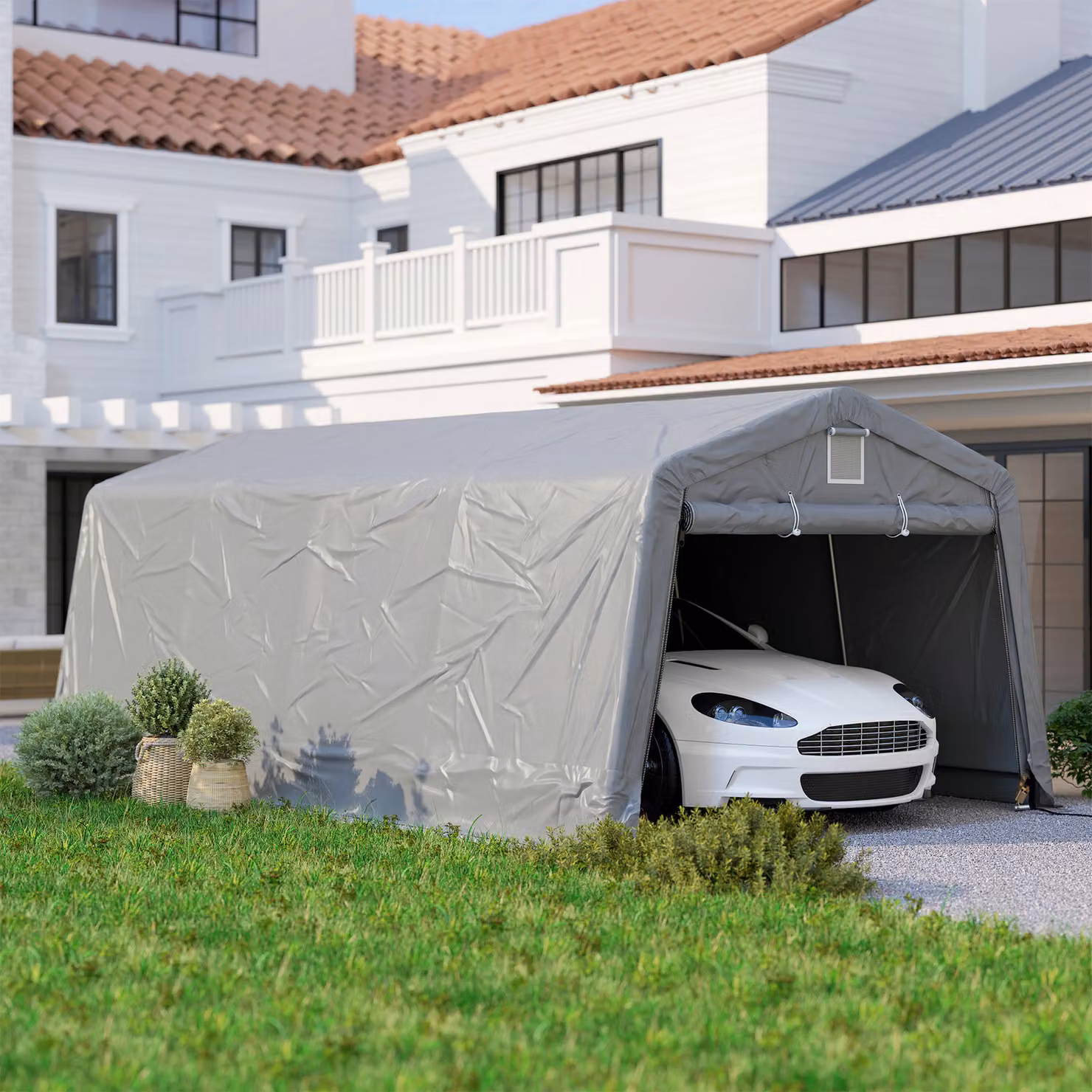 Tendone Carport Outsunny per Auto e Feste con 2 Finestre Laterali in Acciaio Zincato e PE, Grigio Chiaro, L: 618 cm, P: 265/330 cm, H: 240/330 cm – 2