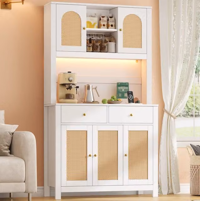 Mobile dispensa alto con LED RGB; prese; ante in rattan e 2 cassetti; MDF bianco; 100 x 40 x 180 cm