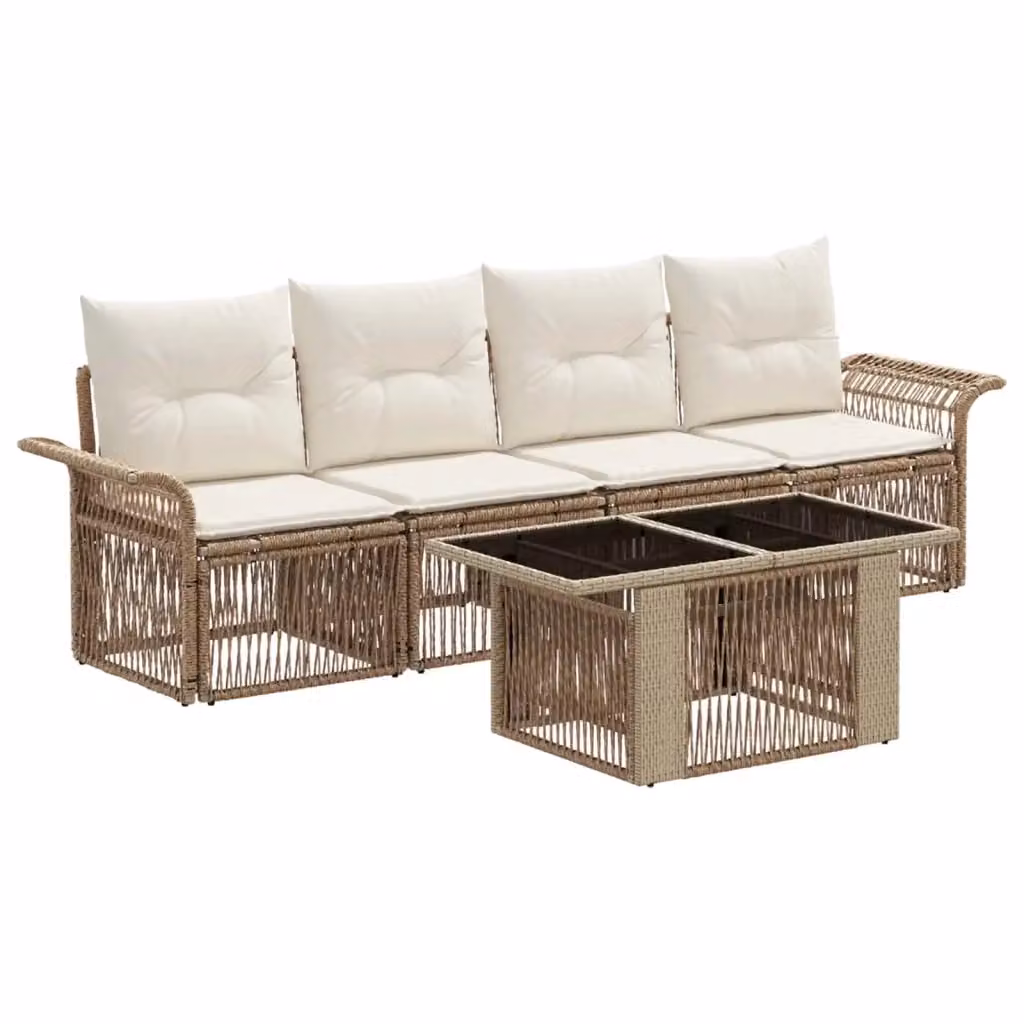 Set Divano da Giardino 5 Pezzi vidaXL Beige e Bianco con Cuscini e Tavolino da Caffè in Polyrattan e Metallo – 2