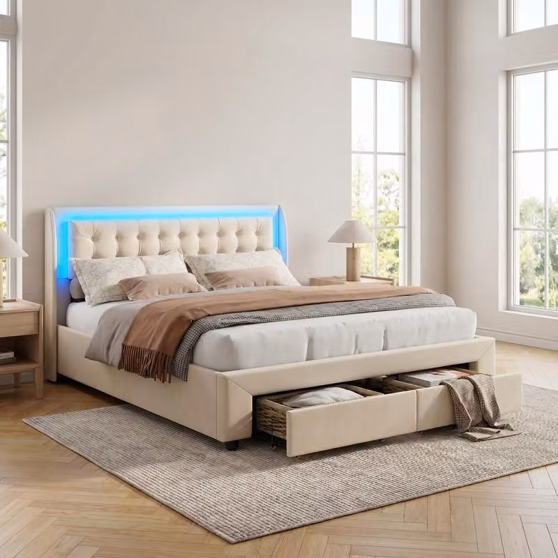 Letto imbottito ProximaX con LED RGB 140x190 cm, letto idraulico con vano contenitore, 2 cassetti, rivestimento in velluto beige, testiera con bottoni, base letto con rete a doghe