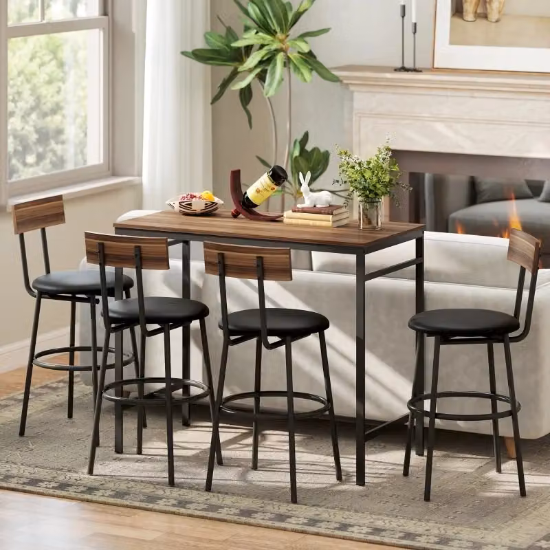 Set tavolo da bar Mivray con 4 sgabelli in stile industriale, legno marrone e acciaio – 2