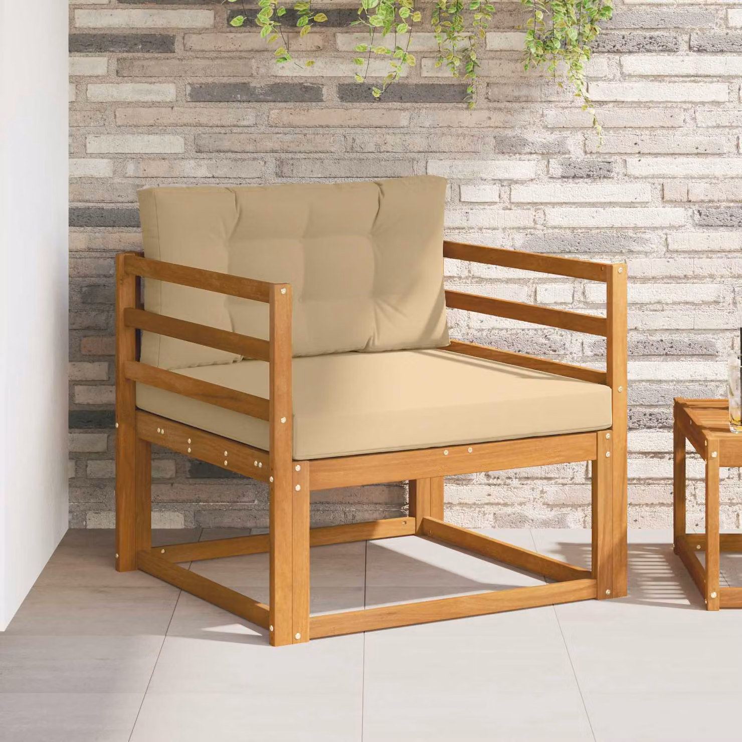 Divano centrale da esterno vidaXL in legno di acacia con tessuto beige e marrone per giardino e terrazzo