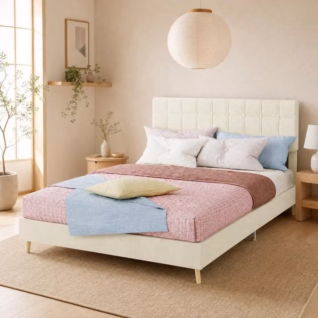 Letto matrimoniale 140x200 cm beige in velluto con testiera imbottita a quadri