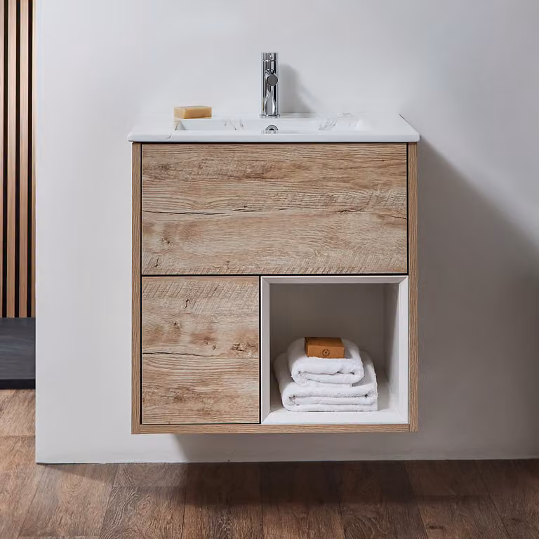 Mobile Bagno Sospeso con Ripiano Aperto in Rovere Chiaro da 612mm con Lavabo Effetto Marmo