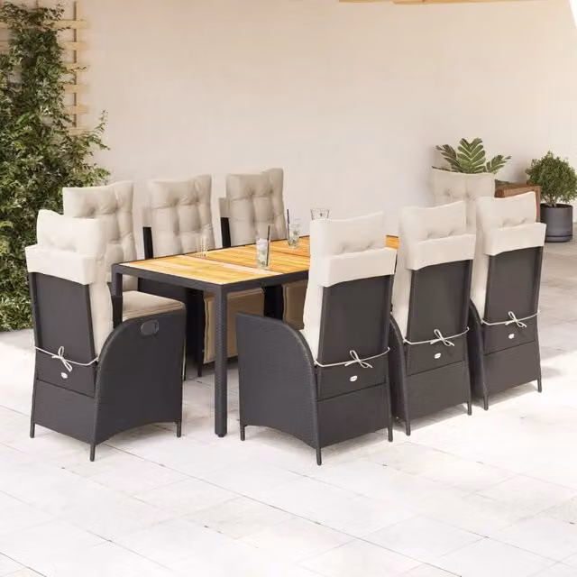 Set da Pranzo da Giardino vidaXL in Legno di Acacia e Polyrattan Nero e Bianco, 9 Pezzi