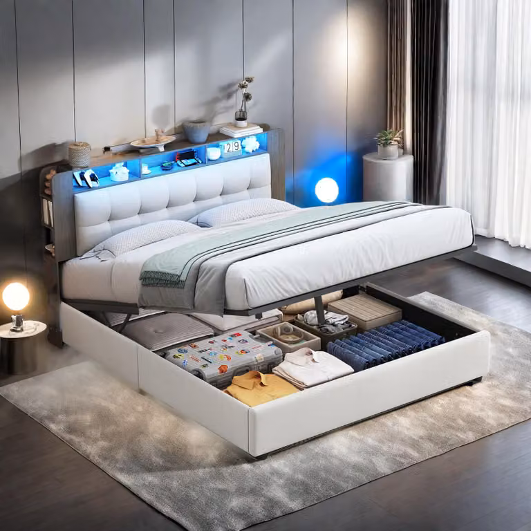 Letto imbottito ProximaX 140x200cm con rete a doghe, letto a molle idrauliche con contenitore, letto contenitore letto matrimoniale con testata contenitore e LED, beige