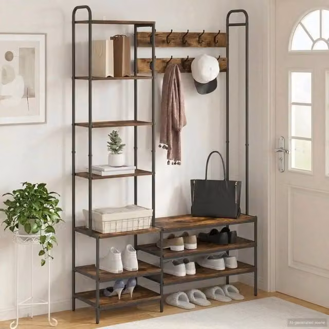 Appendiabiti con panca per scarpe stile industrial vidaXL in legno e metallo marrone L: 120,5 cm, P: 34 cm, H: 190 cm