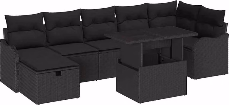 Set Divano da Giardino con cuscino 8 pcs Nero Poly Rattan