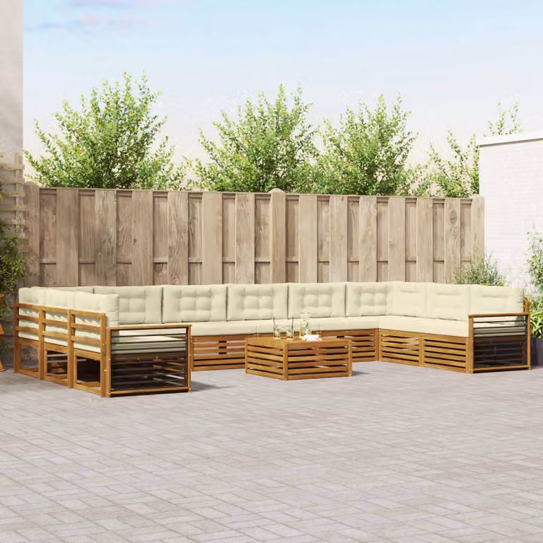Set di divani da giardino vidaXL in 11 pezzi in legno di acacia massello, colore naturale e crema