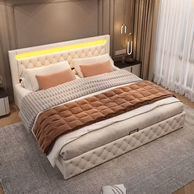Letto matrimoniale contenitore 180 × 200 cm con vano contenitore e LED regolabile, senza materasso, PU bianco