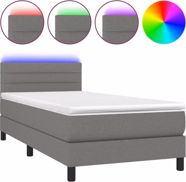 Letto singolo | Letto per adulti | Letto a Molle Materasso e LED Grigio Scuro 90x200 cm in Tessuto
