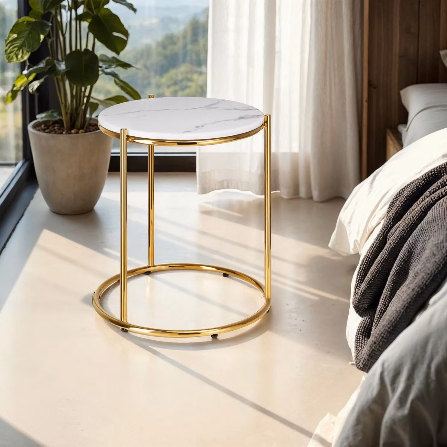 Tavolino rotondo Ellsa Tectake con piano effetto marmo bianco e telaio in acciaio oro – 3