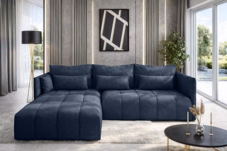 AX LIVING Divano ad angolo con funzione letto e contenitore Cosmova Blu 248 cm
