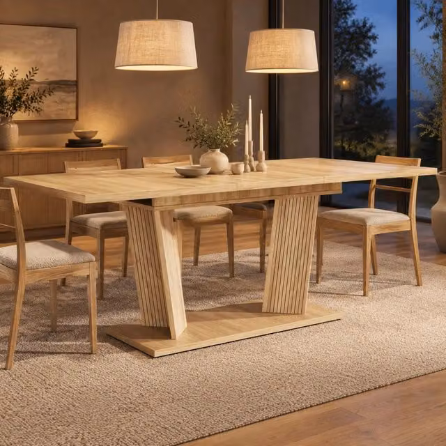 Tavolo da pranzo allungabile ULEVR 120-160x80 cm in MDF e metallo, marrone naturale e chiaro, piedi regolabili