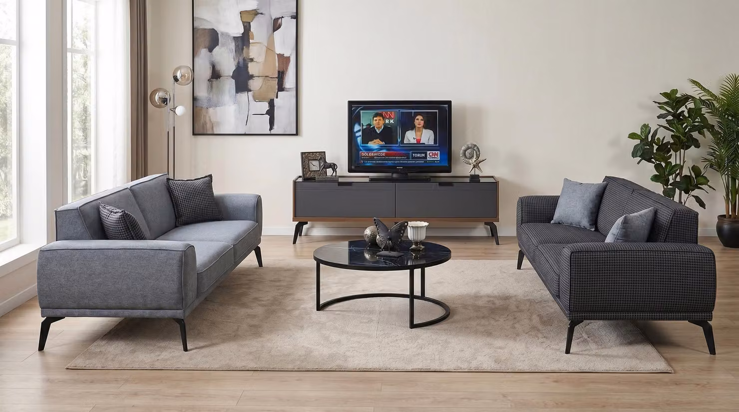 Set per soggiorno: divano a 3 posti (2 unità), tavolino, mobile TV, design moderno, colore grigio