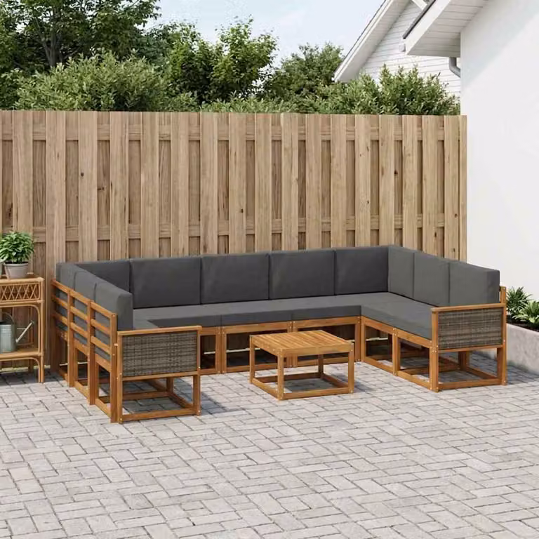 vidaXL Set di divani da esterno componibile a L in legno di acacia con cuscini, 10 pezzi, Marrone e Antracite