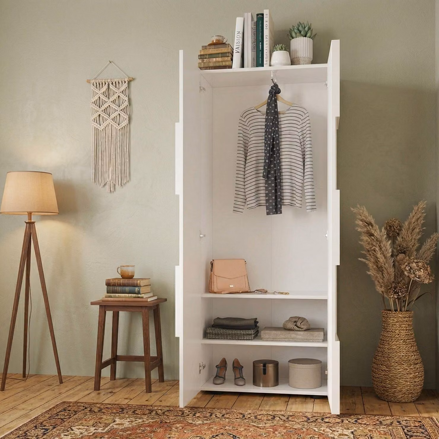 Dmora Guardaroba 2 Ante Comerio 78x186.5h cm Bianco Lucido, 2 Ripiani Appendiabiti