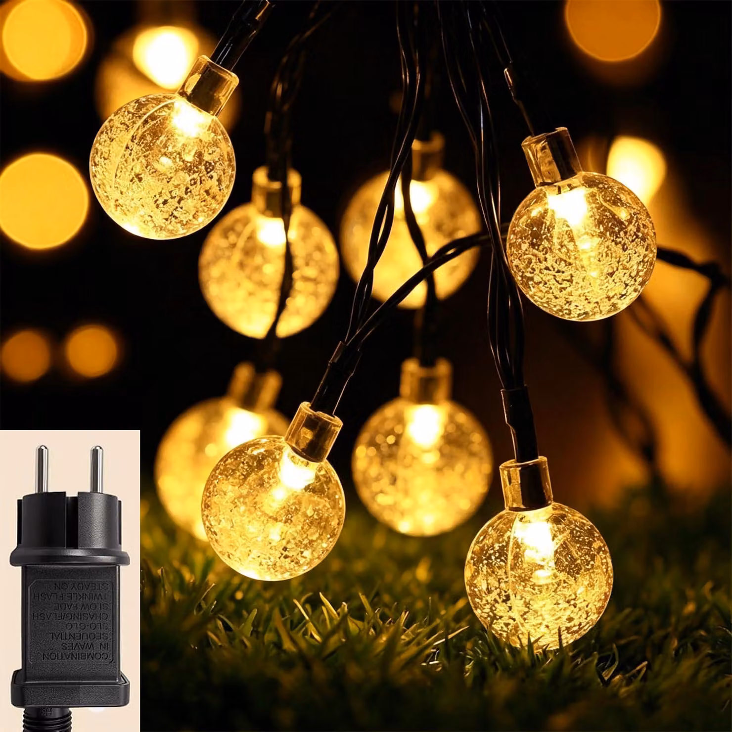 Catena luminosa con sfere di cristallo, 20 metri, 200 LED, grado di protezione IP44, con timer