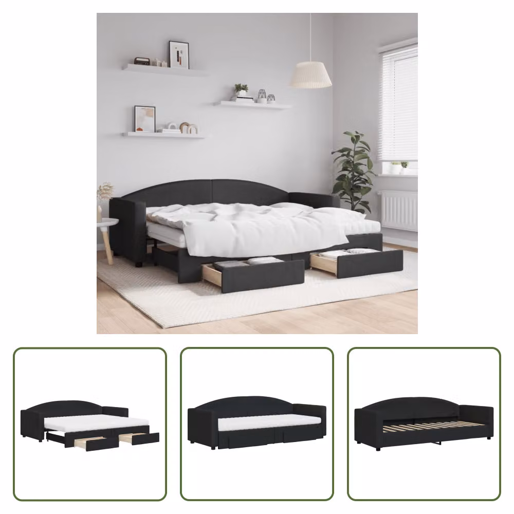 The Living Store Lettino allungabile con cassetti nero 80x200 cm in tessuto