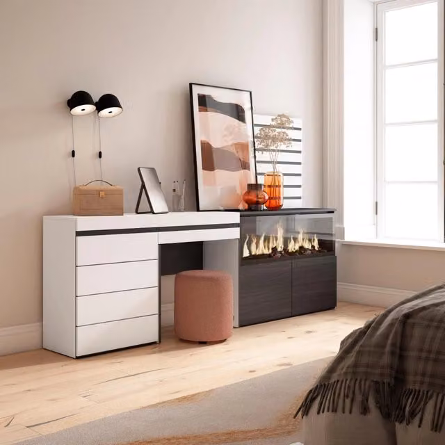 Tavolo da toeletta, 234x35x145cm, Con cassetto, Camino elettrico XXL, Cassettiera, Pannelli Decorativi, Bianco RF3460