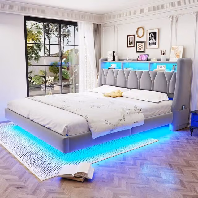 Letto imbottito 180x200 cm con testiera pieghevole; prese e LED in velluto grigio chiaro