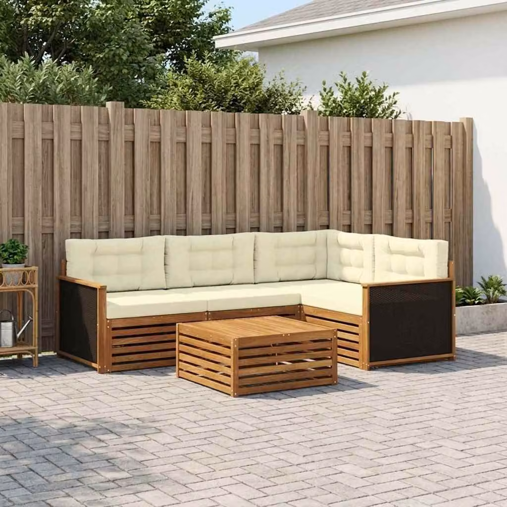 Set di divani da esterno vidaXL a forma di L con tavolo da caffè, in legno di acacia e tessuto resistente ai raggi UV, colore beige e marrone