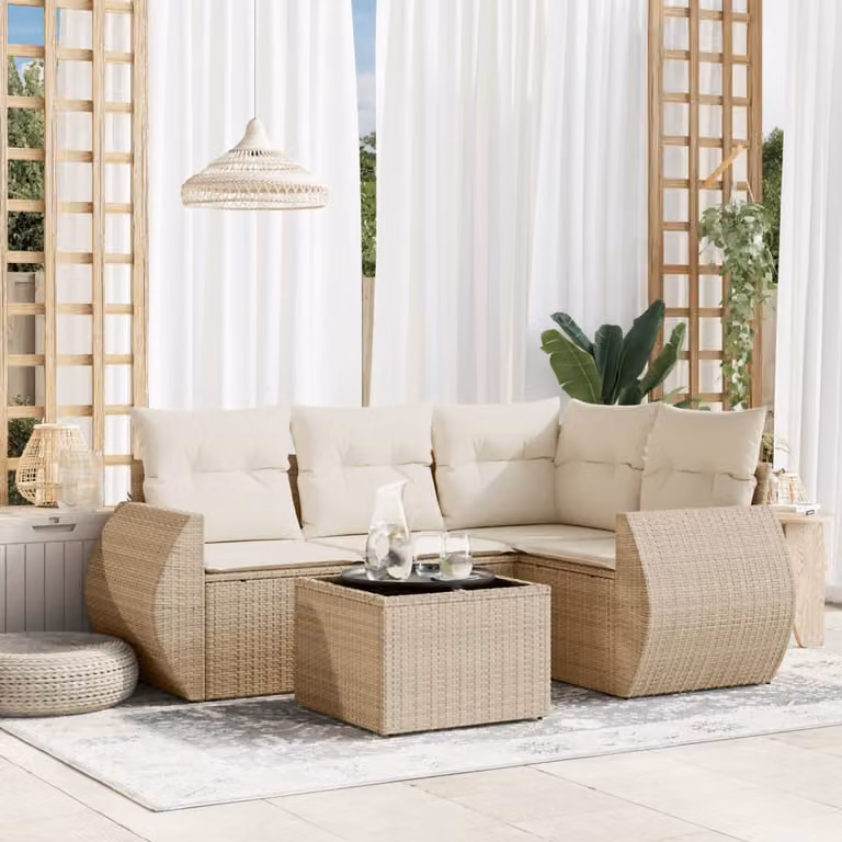 Set Divano da Giardino vidaXL 5 pz in Polyrattan Beige con Cuscini e Tavolino