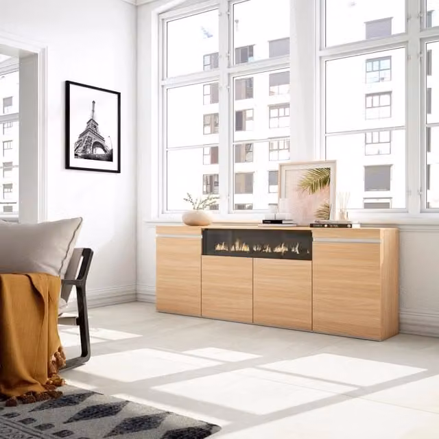 Credenza, Mobile, Cucina, 200x75x35cm, 4 Porte, Camino elettrico, Rovere soft e bianco