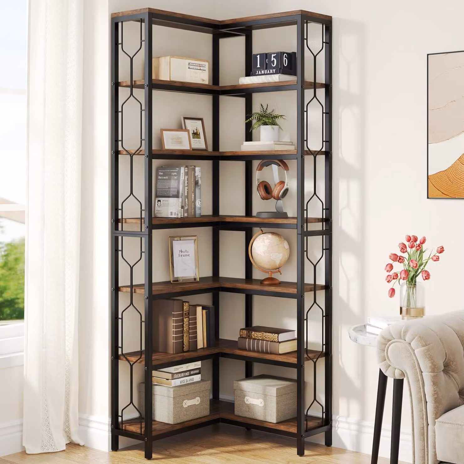 Libreria angolare industriale con 7 ripiani, scaffale espositivo in metallo e legno per uso domestico