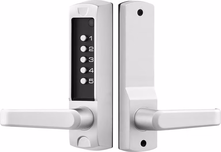 SucceBuy Serratura meccanica con codice a tastiera su un lato (codice a 5 cifre), serratura senza chiave con maniglia e chiusura automatica, adatta per porte d'ingresso, cancelli da giardino, garage e aree esterne, argento