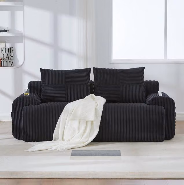 Divano modulare 2 posti in corduroy nero con portabicchieri e tasca laterale; 200 cm