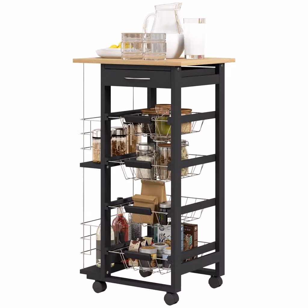Carrello da cucina con ruote XYLO nero con 4 cestelli estraibili in metallo e cassetto L/P/H: 47 x 37 x 83 cm – 2