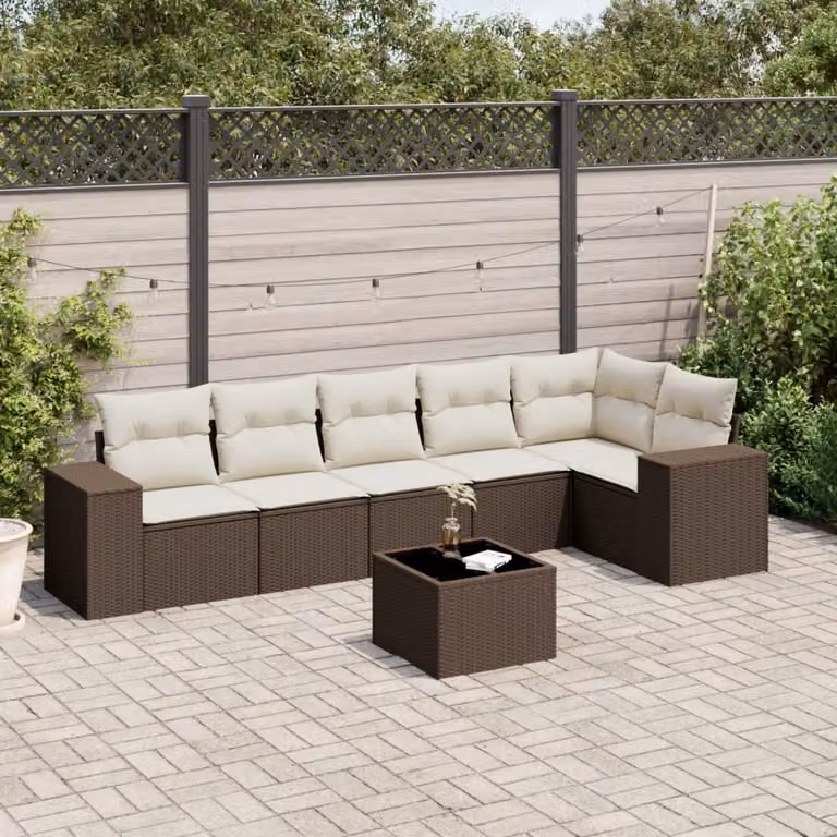 Set di divani da giardino vidaXL in polyrattan marrone con cuscini e tavolino da esterno a forma di L