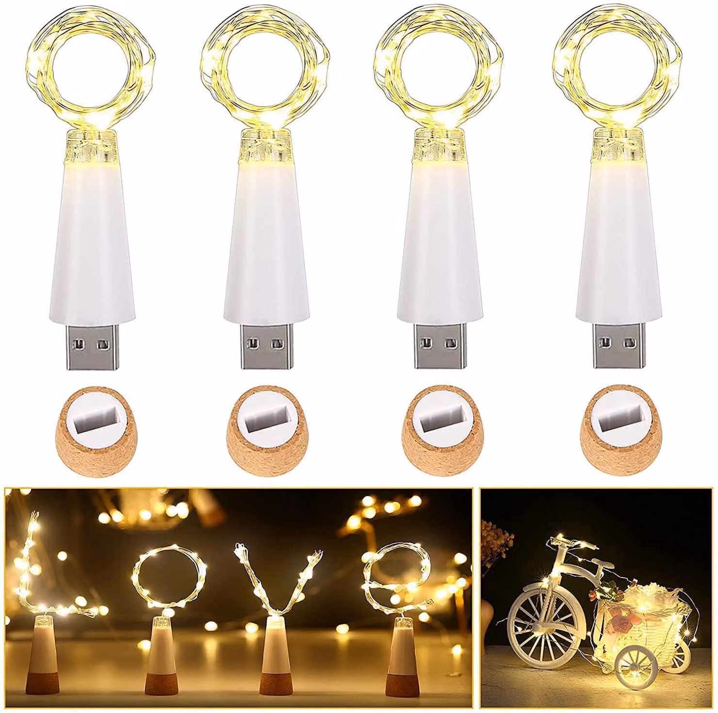 Luci a LED USB, 15 LED, 59 pollici, ricaricabili, luce bianco caldo