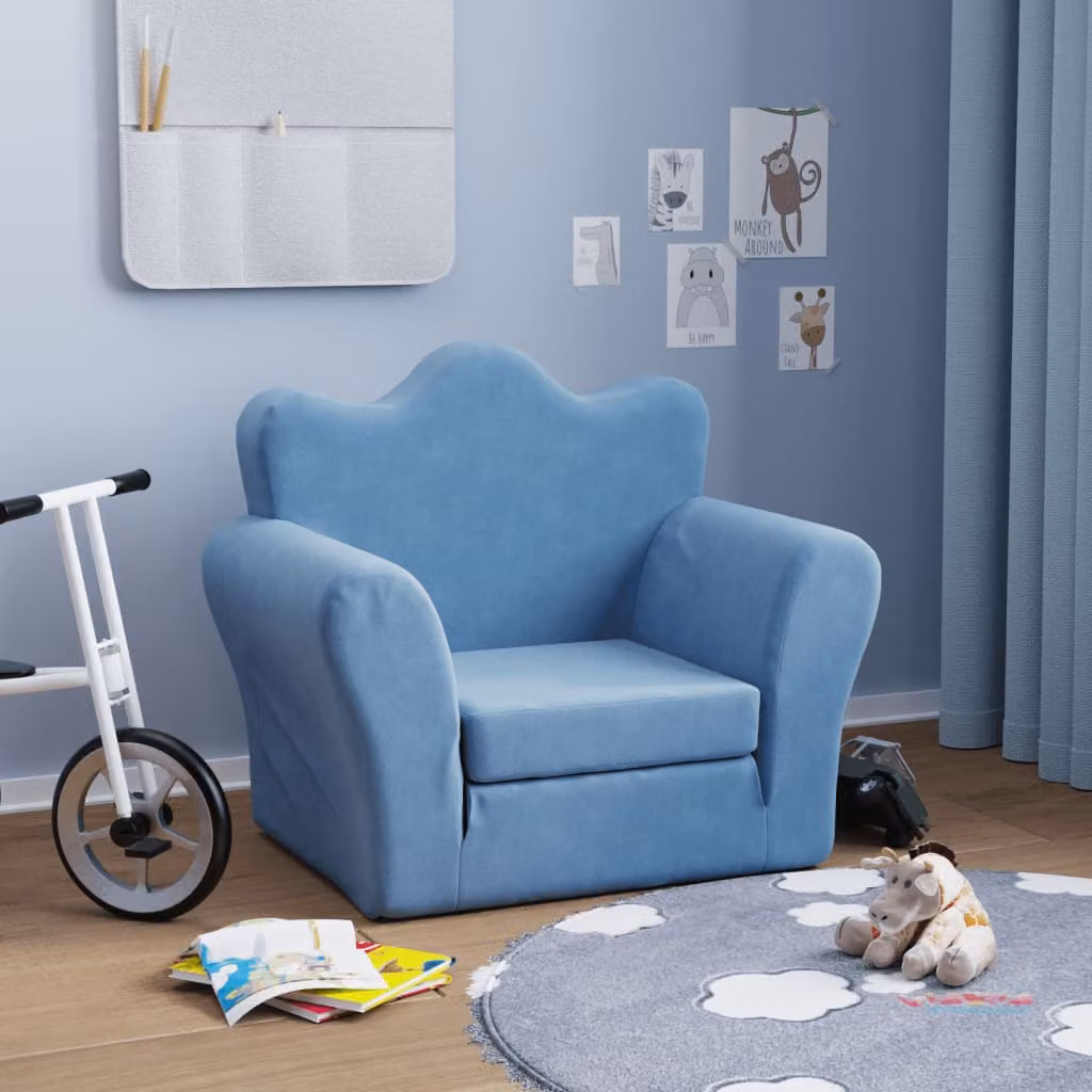 vidaXL Divano Letto per Bambini Blu in Morbido Peluche con Struttura Imbottita