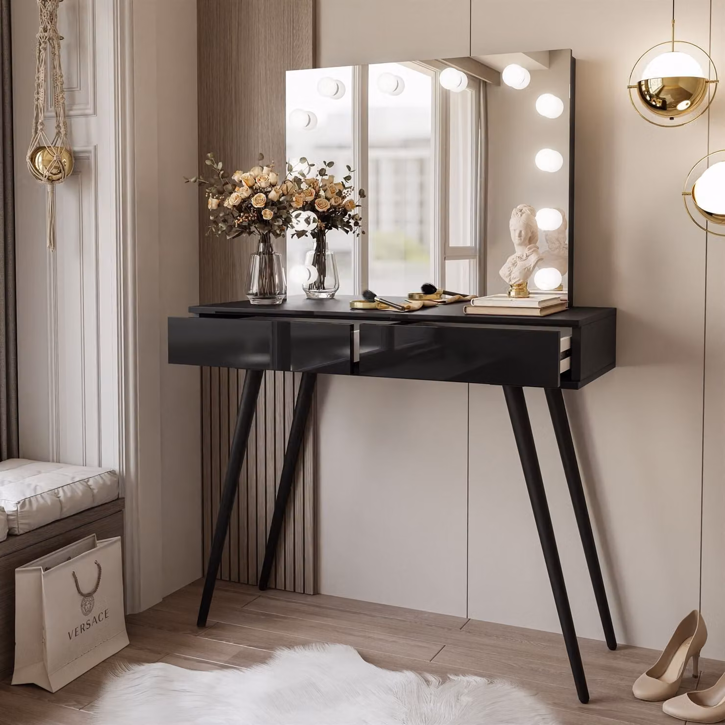 SIENNA LOFT ELITE Tavolo da trucco con specchio, nero / nero lucido, sistema push-to-open