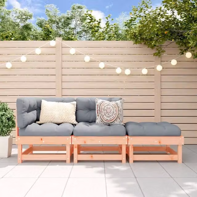 Set Salotto da Giardino Moderno a Forma di L in Legno di Douglas con Cuscini Grigi