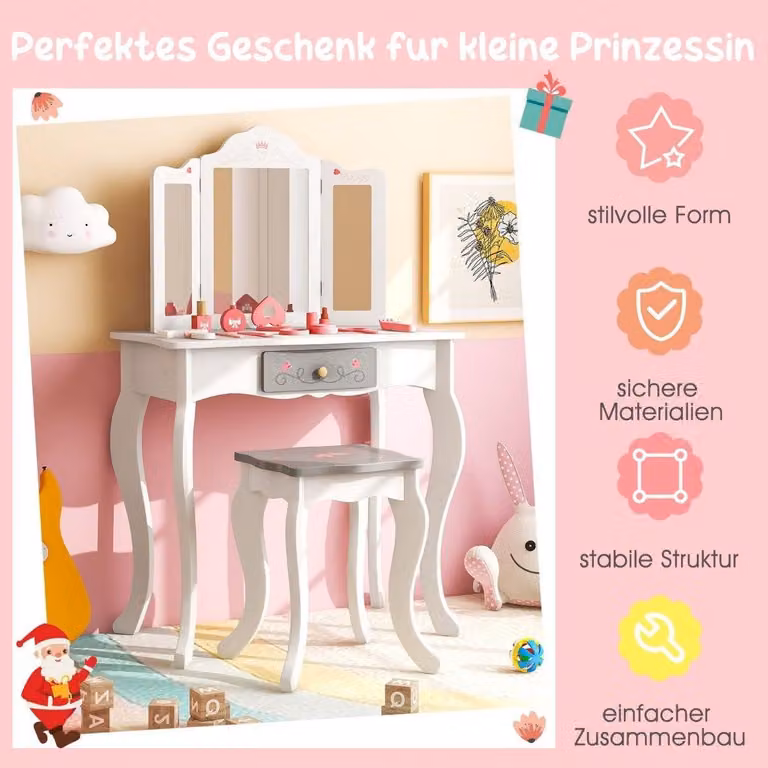 Toeletta per bambini 2 in 1 + sgabello con specchio pieghevole, cassetto e accessori