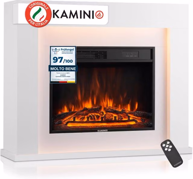 KAMINIO Camino elettrico MATTI - Caminetto da pavimento con riscaldamento, effetto fiamma 3D, luce ambiente a LED, telecomando - 38 pollici, Bianco