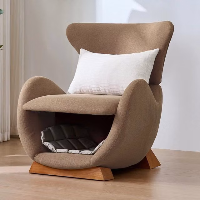 Poltrona Lounge Zephmum design effetto balena in tessuto marrone anti graffio con struttura in legno e rifugio per animali domestici L: 76 cm, P: 69 cm, H: 66 cm