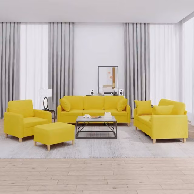 Set di divani moderno vidaXL in tessuto giallo con pouf e cuscini per soggiorno