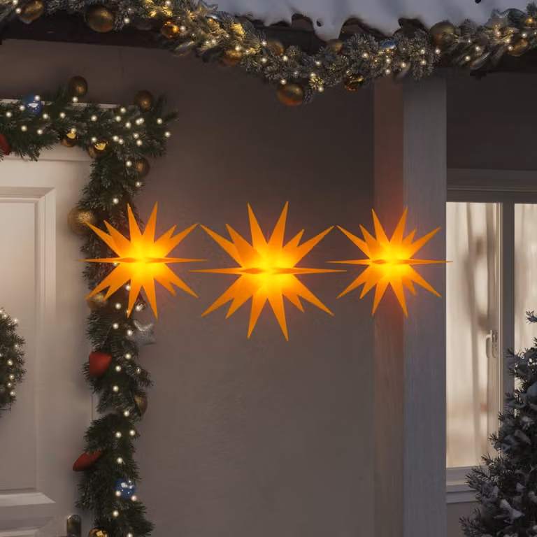 Set di 3 Luci di Natale a Stella con LED vidaXL, Colore Giallo e Bianco Caldo, Pieghevoli con Timer