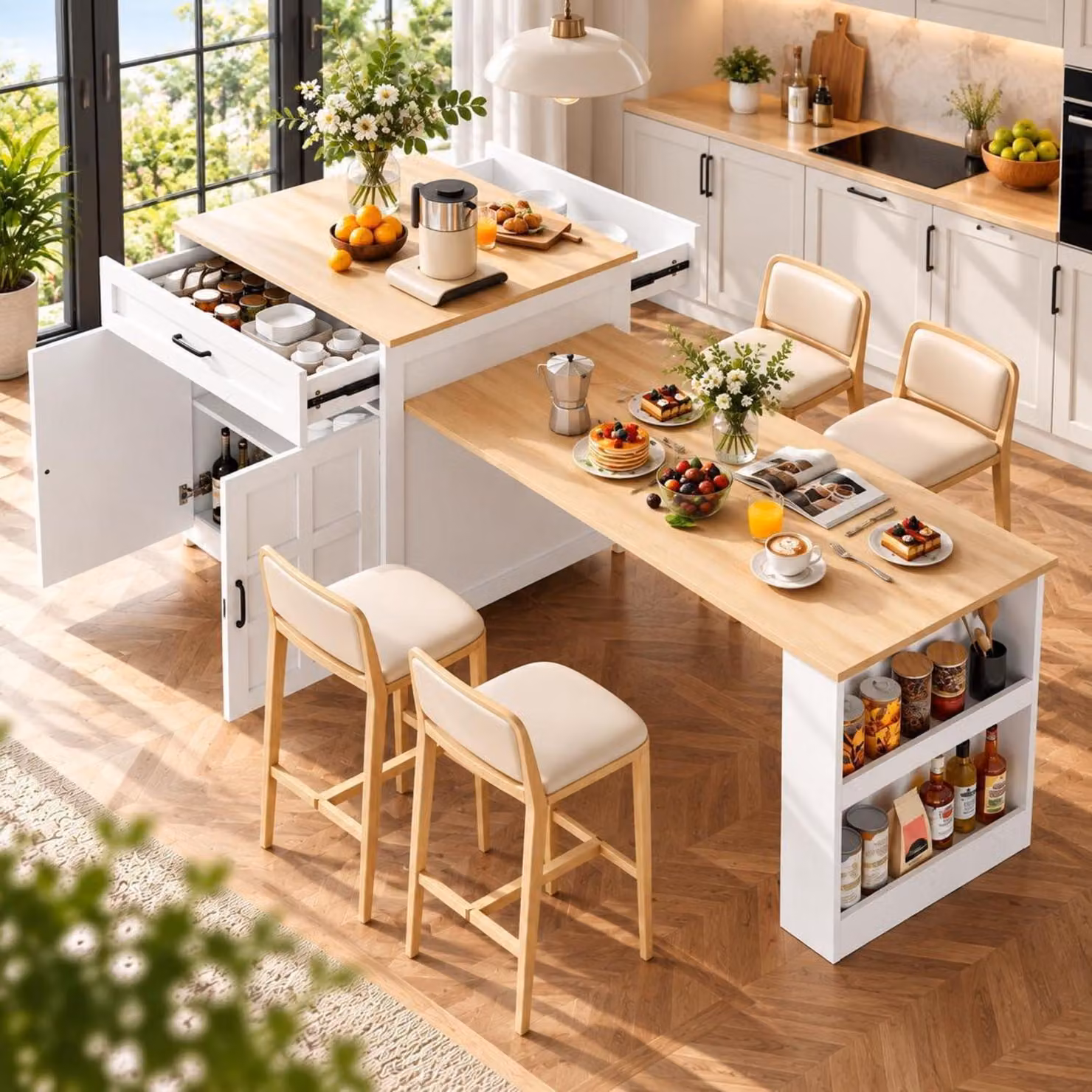 Tavolo da pranzo estendibile con vano contenitore, da 133 a 202 cm, isola da cucina con cassetti e ripiani, tavolo da cucina con finitura effetto marmo bianco