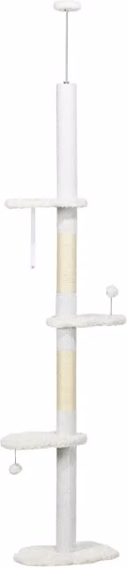 Albero per gatti a soffitto PawHut con pali tiragraffi in cotone e giocattoli integrati, Bianco, L/P/H: 48 x 32 x 225-255 cm