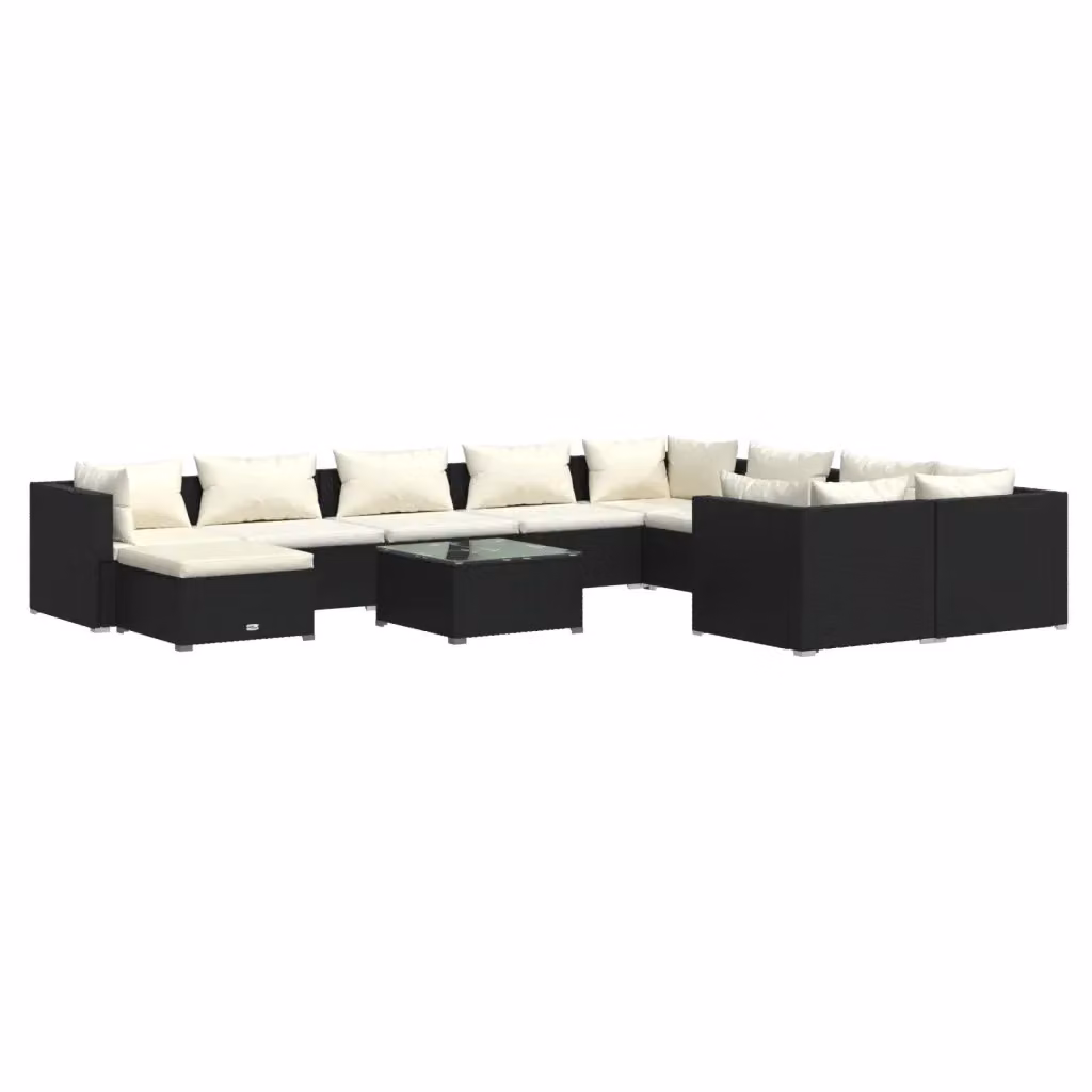Set di Divani da Giardino vidaXL a Forma di U composto da 11 Pezzi con Cuscini e Tavolino, Colore Nero e Beige – 2
