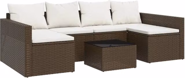 Set di mobili da giardino Outsunny in stile moderno con divani e tavolino, composto da un divano a 3 posti, un divano a 2 posti e un tavolino da caffè, con cuscini bianchi e struttura in resina marrone e acciaio verniciato a polvere – 1